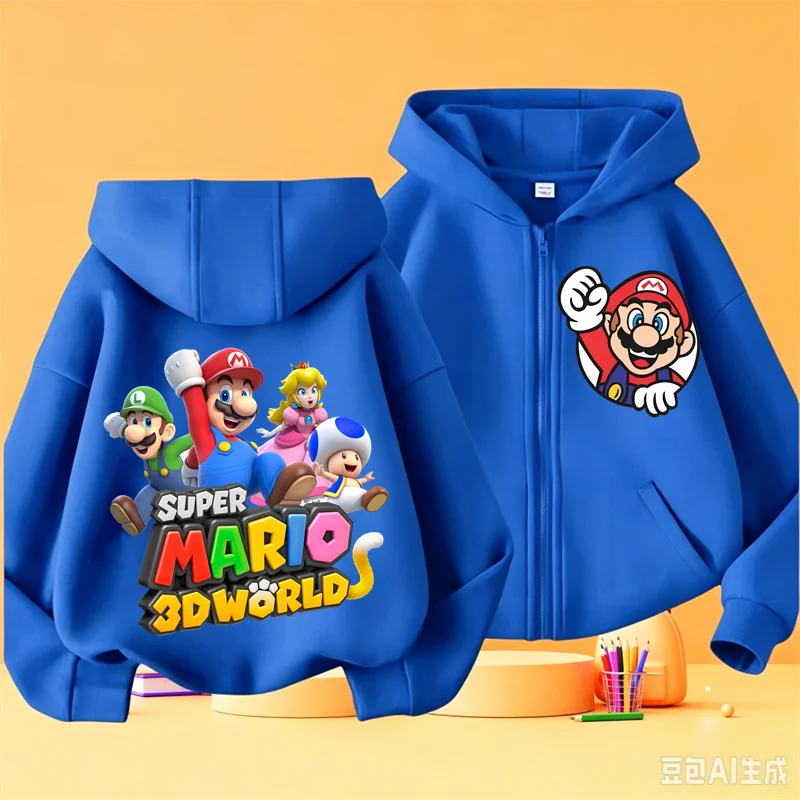 Marios Kids Zip Up Hoodie, Front & Back Print Mario Luigi Yoshi Peach Graphic Jacket, Boys Girls Casual Hooded Coat