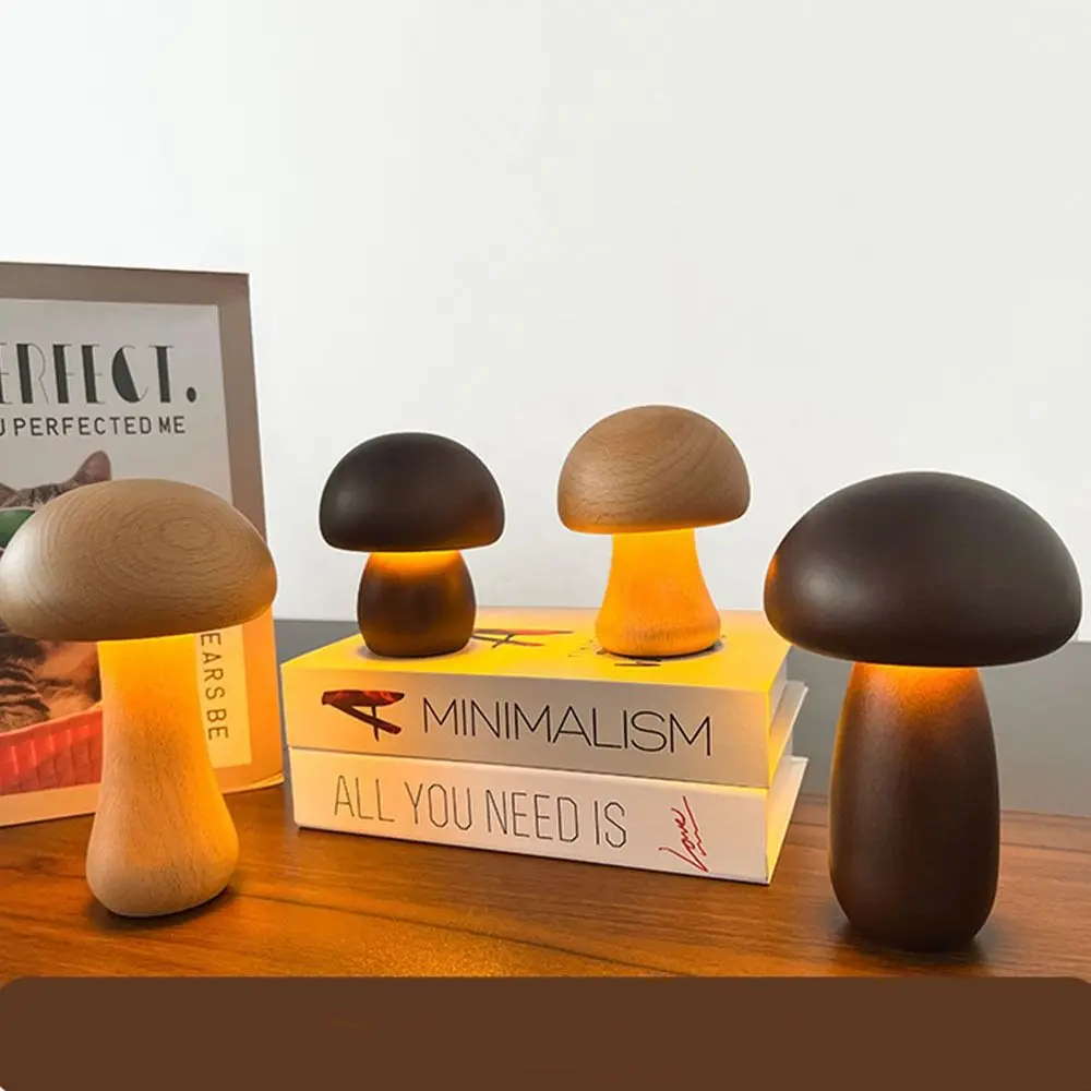 Wooden Mushroom Night Light com Touch Switch, Lâmpadas para dormir para o quarto, Sala de madeira