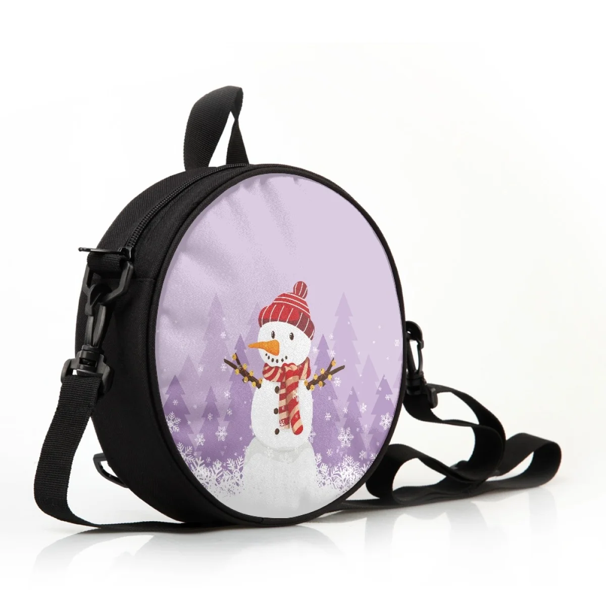 ELVISWORDS-Bolsos de hombro con estampado navideño de muñeco de nieve para niños, niñas y niños, bandolera cruzada redonda para la escuela