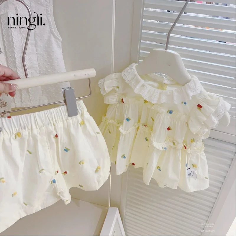 South Korea Girls' Summer Floral Embroidery Suit Baby Sweet Flounced Sleeve Shorts Fashion Two-Piece Suit Tide