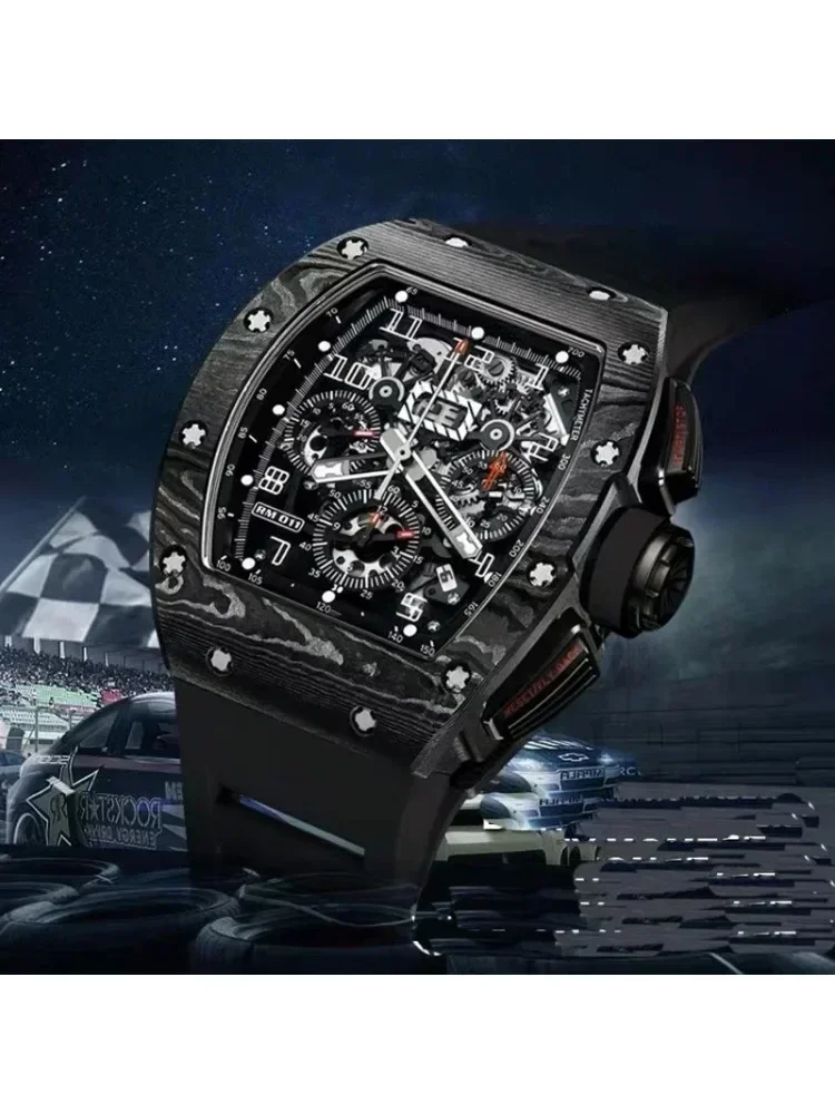 Luxury New Men Watch Carbon Fiber Flyback Automatic Mechanical Black Rubber Sport Watches