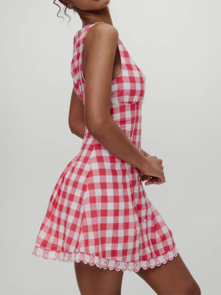Style français Plaid vérifier Mini robe dentelle femmes été rose 100% coton col en v Sexy fête Vocation décontracté dames robe robes
