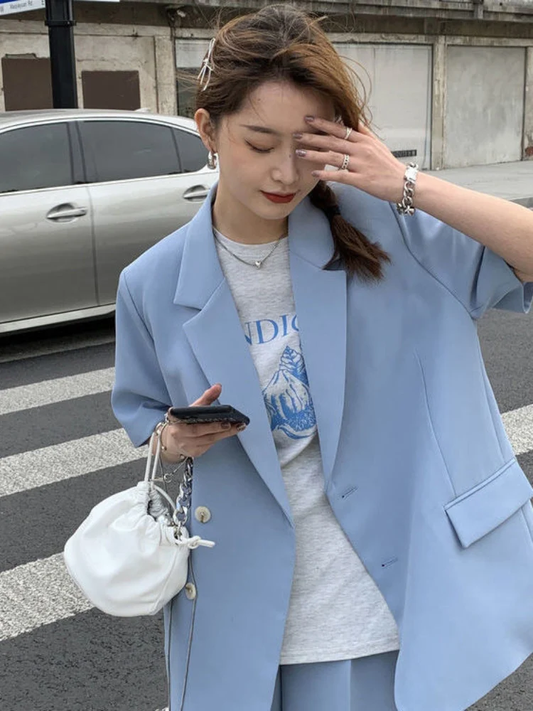 مجموعة أزياء الشارع لفصلي الصيف والخريف، بدلة صيفية خفيفة بحجم كبير، جاكيت كاجوال فضفاض بأكمام قصيرة، شورت نسائي، طقم من قطعت...