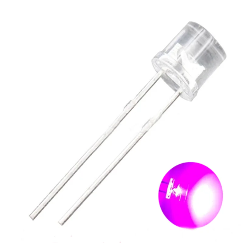 100 Uds LED F5/5mm cabeza plana blanca pierna larga alto brillo rojo, amarillo, azul, rosa, luz púrpura enchufe directo cuentas de lámpara LED