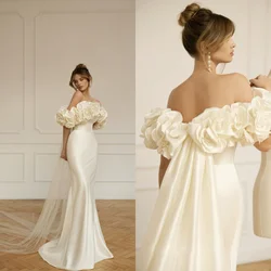 Elegant 3D Flowers Wedding Dresses Fashion Off The Shoulder Satin Ruched Bridal Gowns Simple Sweep Train Mermaid Bride Dresses