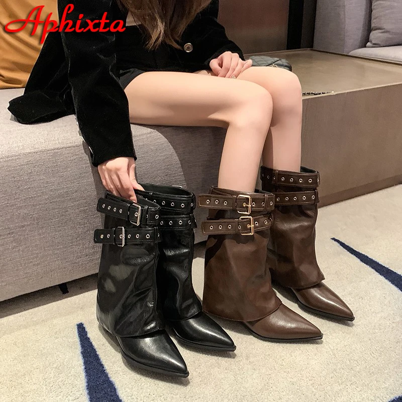

Aphixta New 4cm Square Heels Mid-Calf Boots High Rivets Metal Belt Buckle Pimps Pointed Toe Woman ShoesLadies Footwear Size42
