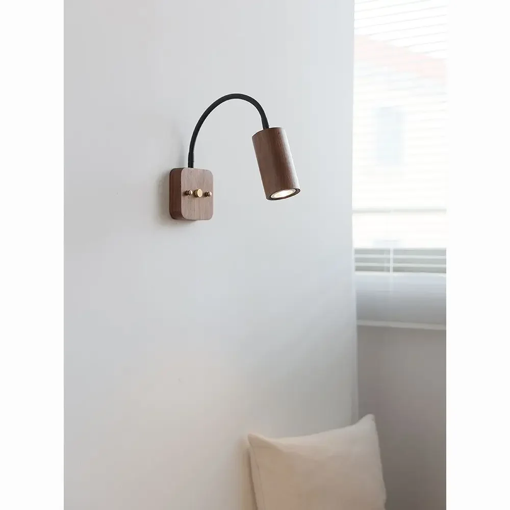 Vintage Retro Walnut Wood Color Wall Lights 360 Degree Rotatable Lamp Arm Japanese Bedroom Bedside Reading Wall Lamp Switch