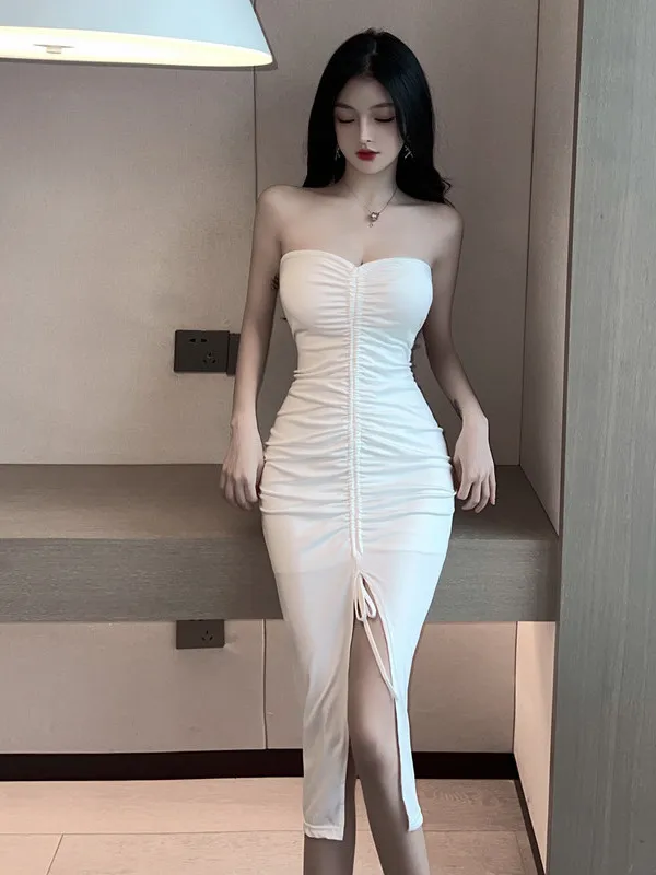 2025 verano mujer Sexy temperamento plisado envuelto pecho espalda descubierta ajustado Color sólido envoltura nalgas Split vestido de longitud media CAQM