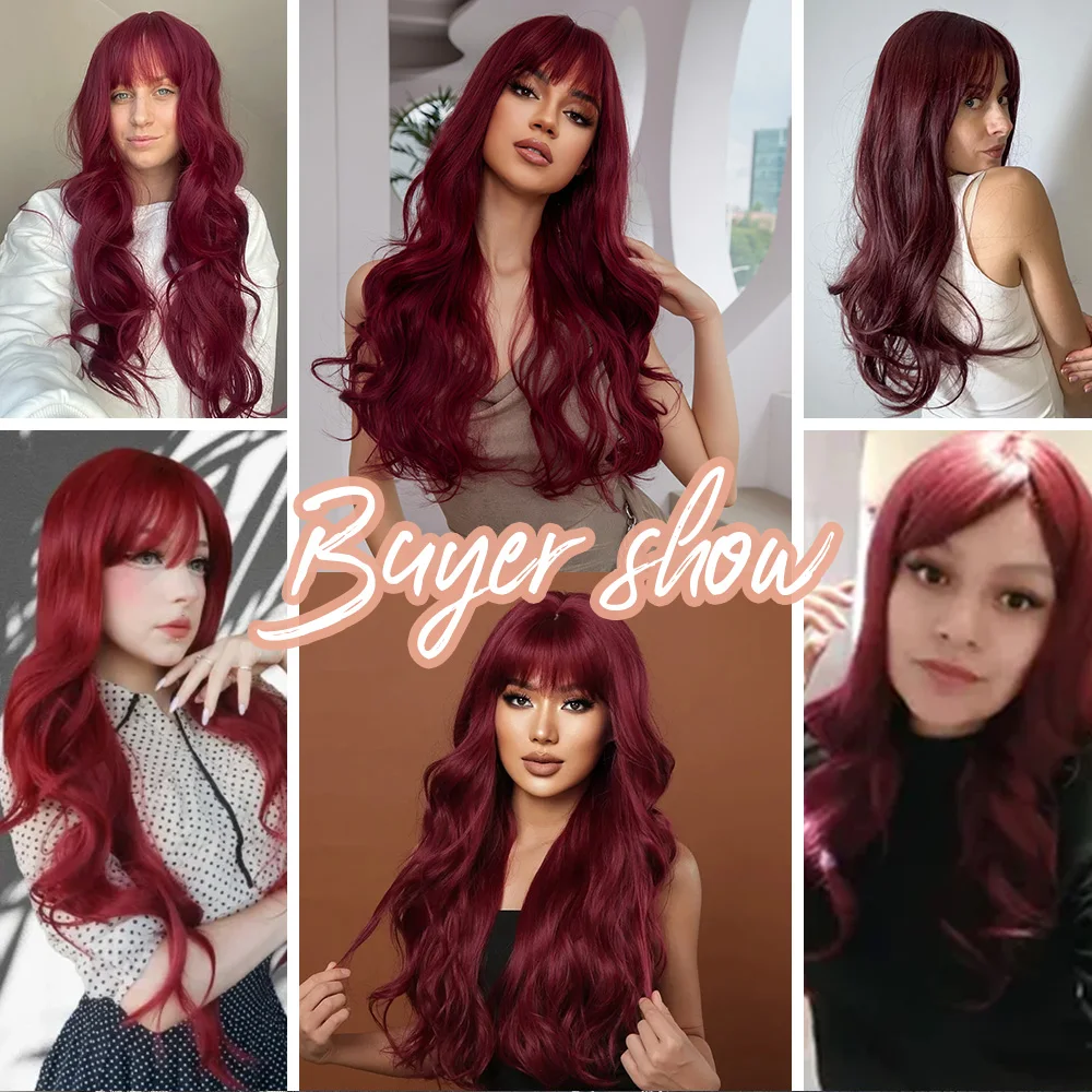 Wig pirang Unicorn sintetis Bordeau merah Wig panjang bergelombang dengan poni pesta Cosplay serat tahan panas untuk wanita