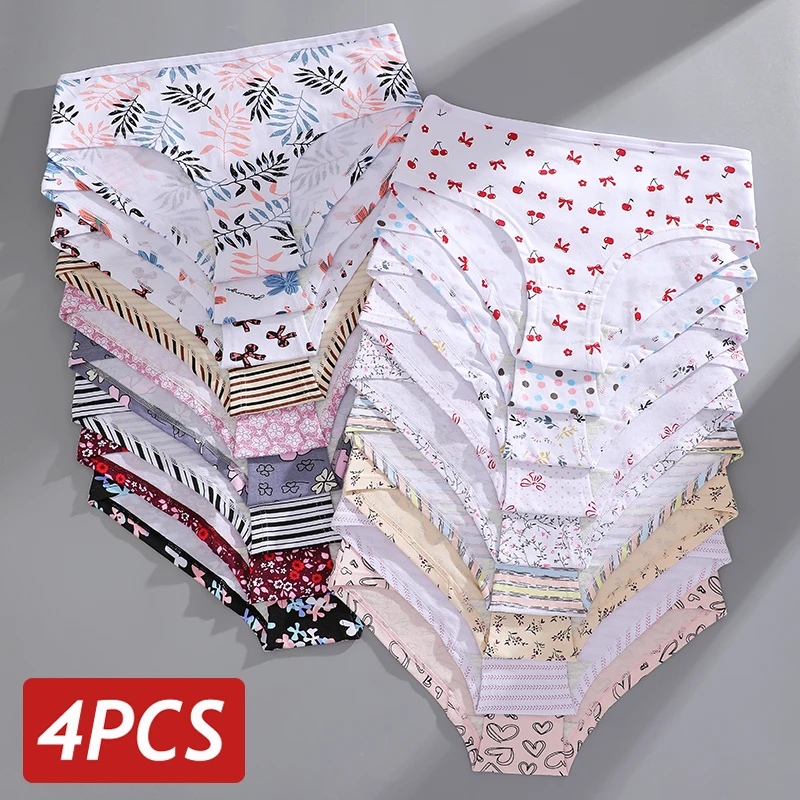 FINETOO 4Pcs/Set Cotton Crotch Printing Briefs Underpants Sexy Low Waist Anti Ride-up Underwear Female Cozy Breathable Lingerie