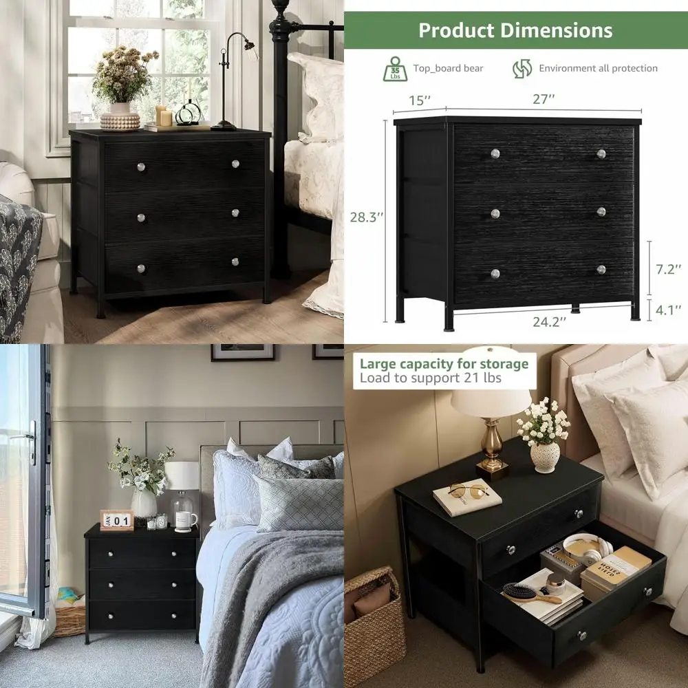 

Large 3-Drawer Modern Nightstand with Fabric Drawers for Bedroom, Kids Room, and Girls' Rooms