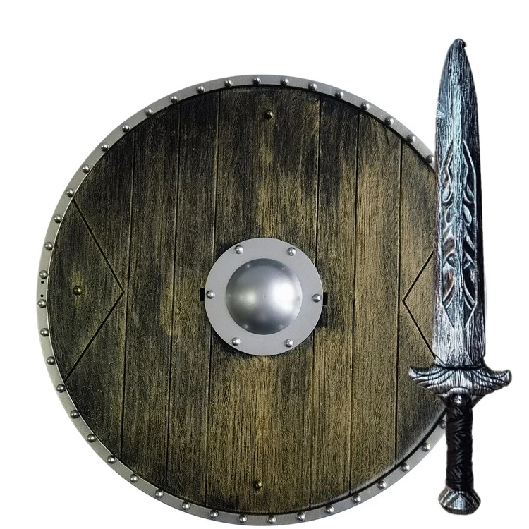 Medieval Wooden Texture round Shield Plastic Toy Halloween Weapon Prop Sword Axe Sparta Cosplay Accessory Equipment Armor