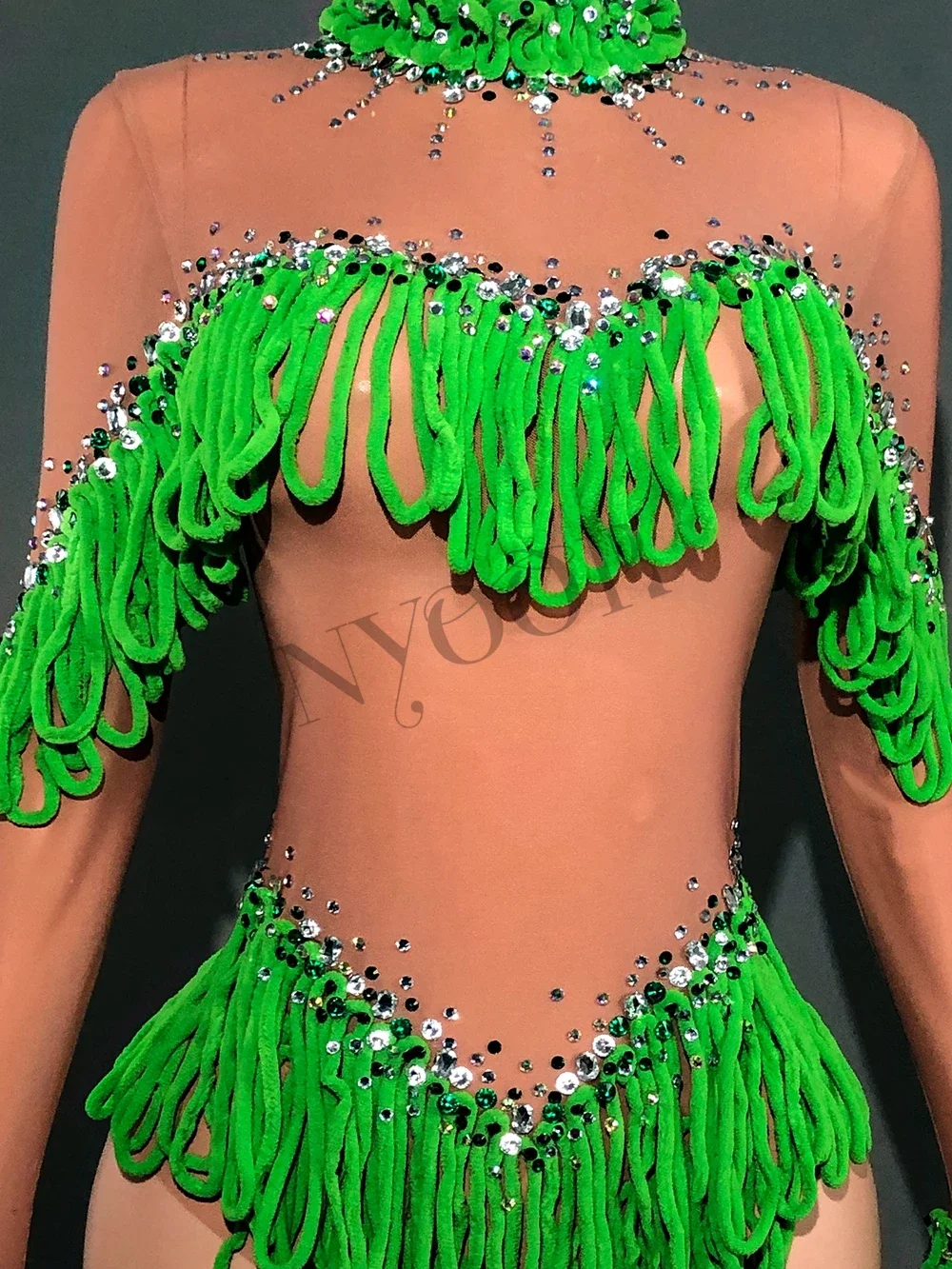 Body feminino com borlas brilhantes e mangas compridas, malha sexy transparente para performance de dança, roupa de palco para festa