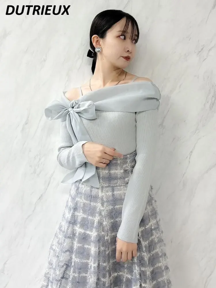 Japanese Autumn Winter New Sweet Bow Color Matching Jumper Cute Girl Versatile Off-shoulder Long-sleeved Knitted Sweater