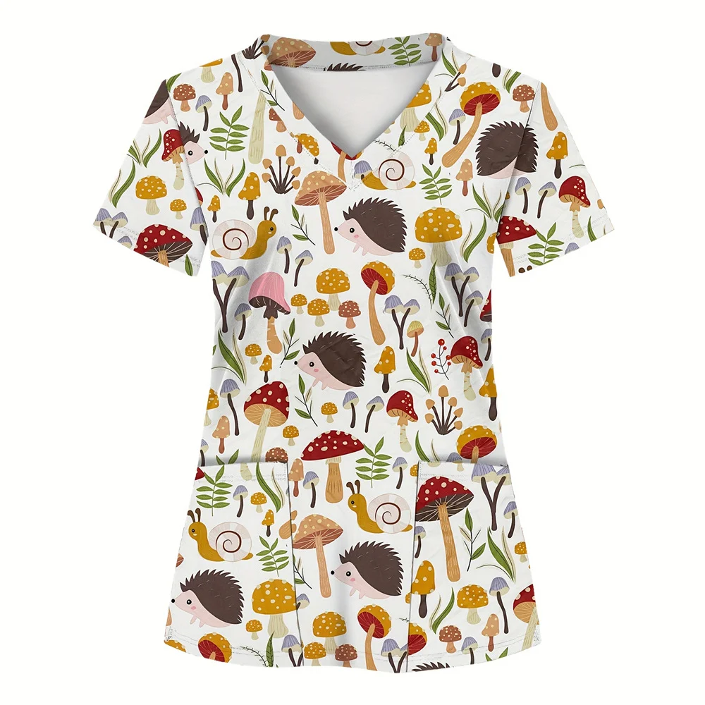 Medical Blouse Clinic Hospital Workwear Healthcare Nurse Cat Print Uniform Carer Working Short Sleeve Tops Women T-shirt Nursing