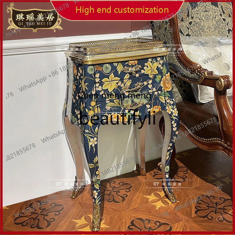 

A32 French Retro Hand-painted Three-drawer Cabinet Pure Copper Carved Decorative Cabinet Living Room Solid Wood Corner Cabinet