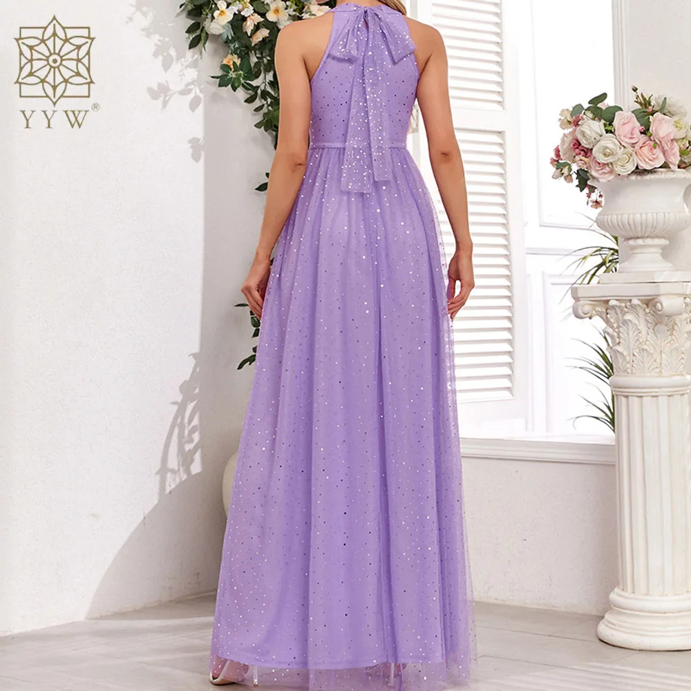 Sexy Lace Evening Dress Purple Hollow Out Sleeveless Floor-Length Prom Dress Gown for Women Polyester Long Evening Dresses