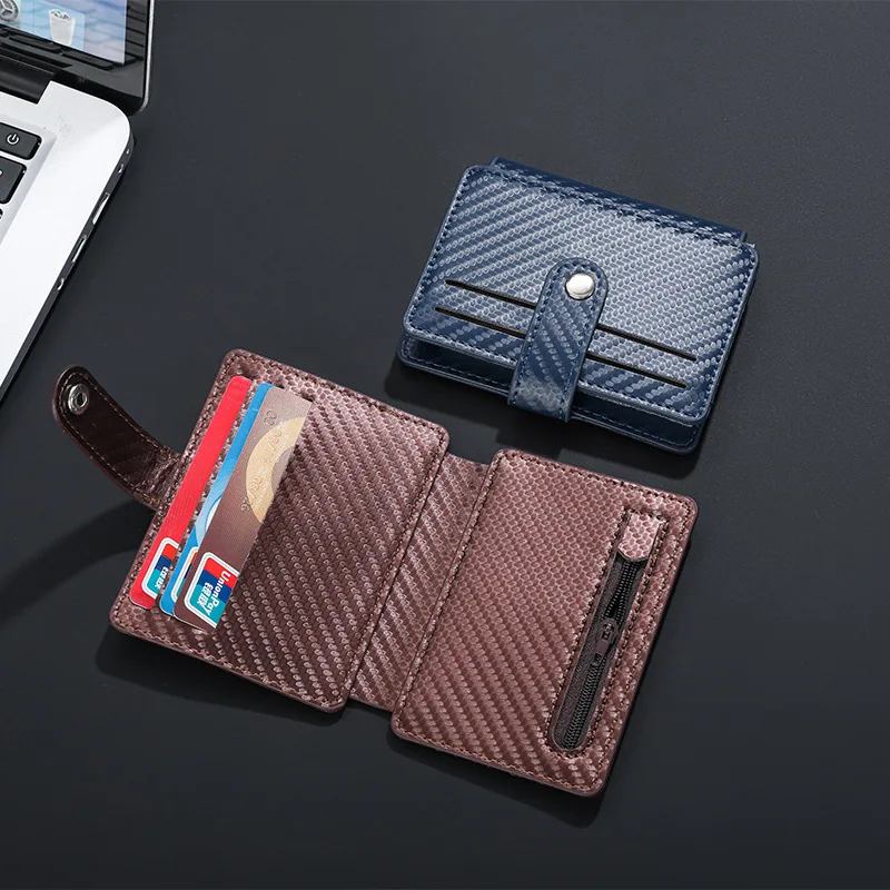 Fashion Credit Card Id Holder Mini Carbon Fiber Card Bag Wallet Men Multiple Card Slots with Zipper Coins Pocket