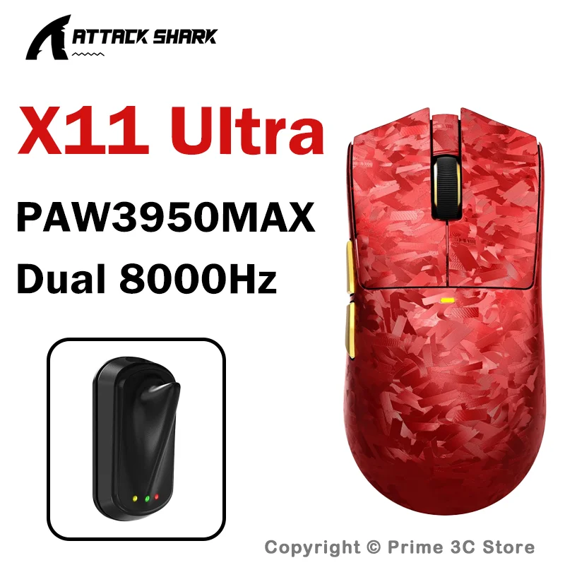 ATTACK SHARK X11 ULTRA Wireless Gaming Mouse 8K PAW3950MAX Carbon Fiber 59g Superlight Tri-Mode 42000 DPI Nano-Metal Ice Coating