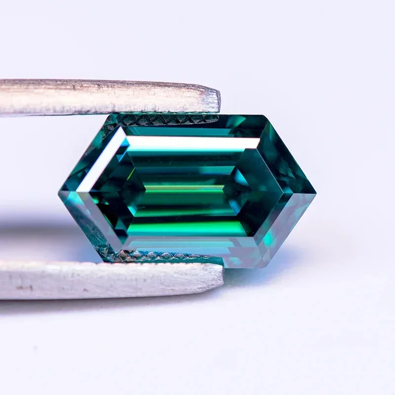 Moissanite Stone Long Hexagon Shape Primary Color Emerald Green Lab Grown Diamond Charms Jewel Making With GRA Certificate