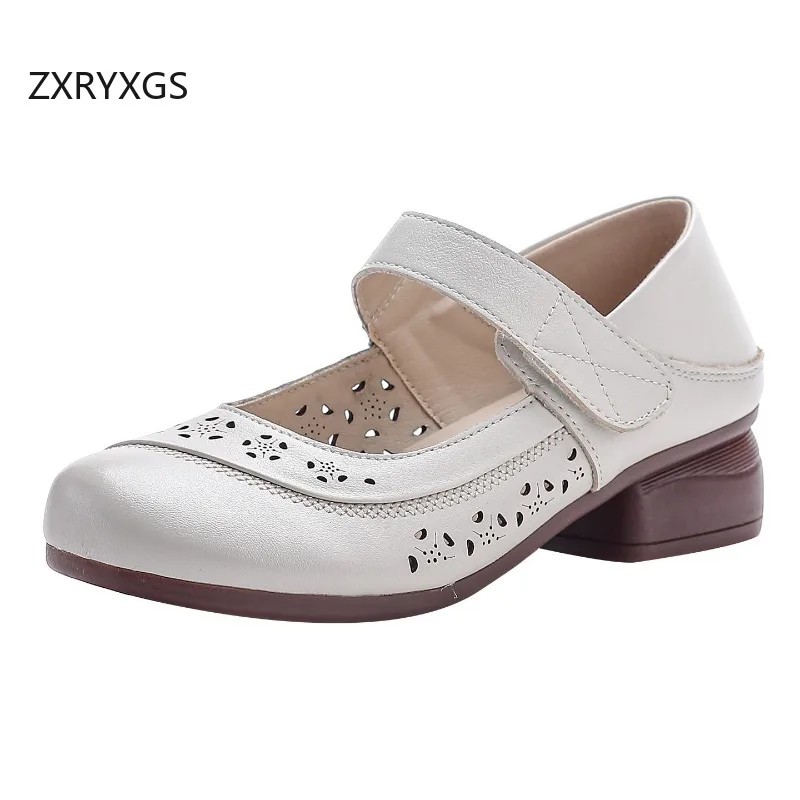 ZXRYXGS Promotion Elegance Women Genuine Leather Shoes Low Heels 2026 New Spring Summer Hollow Breathable Sandals Trendy Shoes