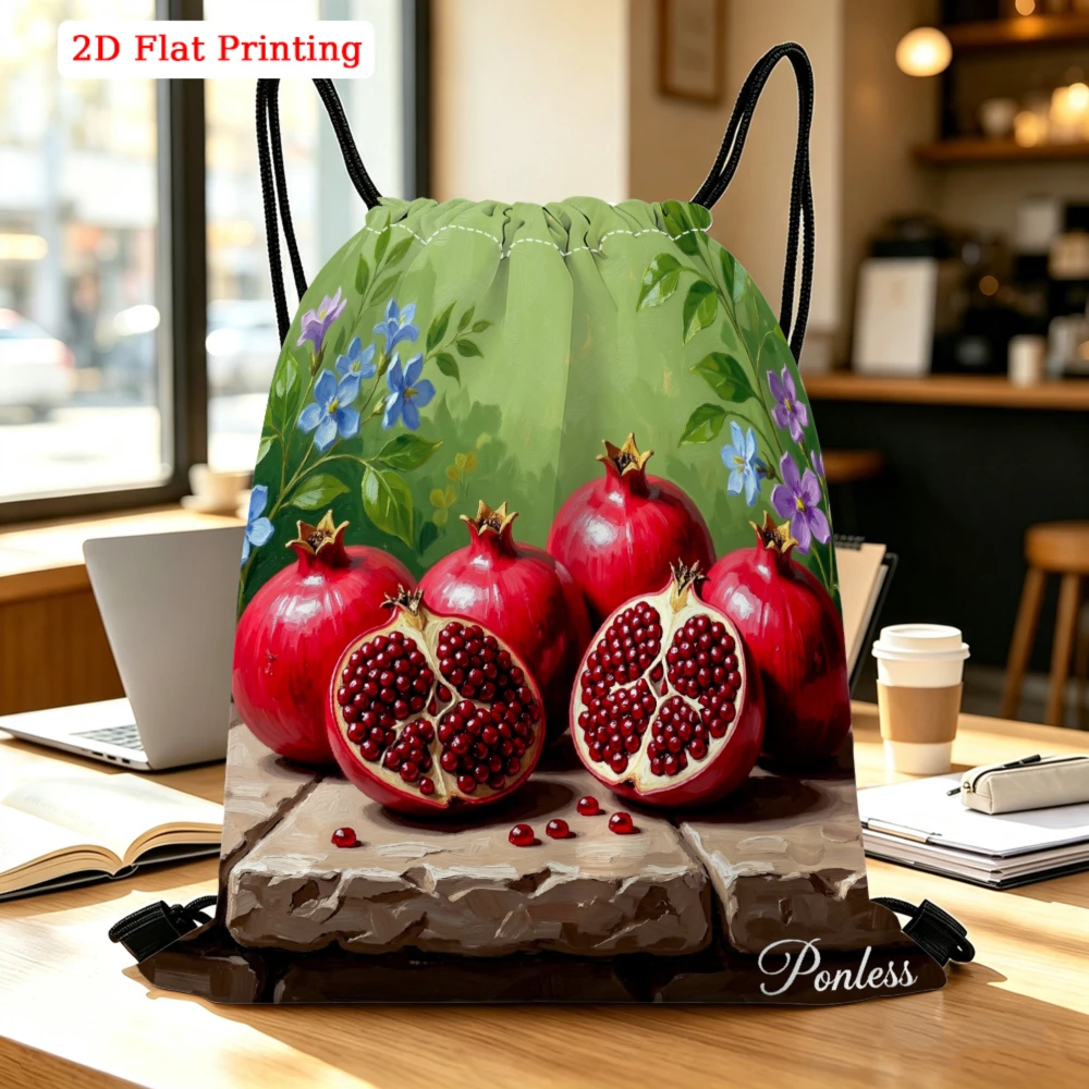 Pomegranates On Stone With Flowers Drawstring Backpack, Travel Shoe Bag, Fitness Sports Backpack, Travel Outdoor Drawstring