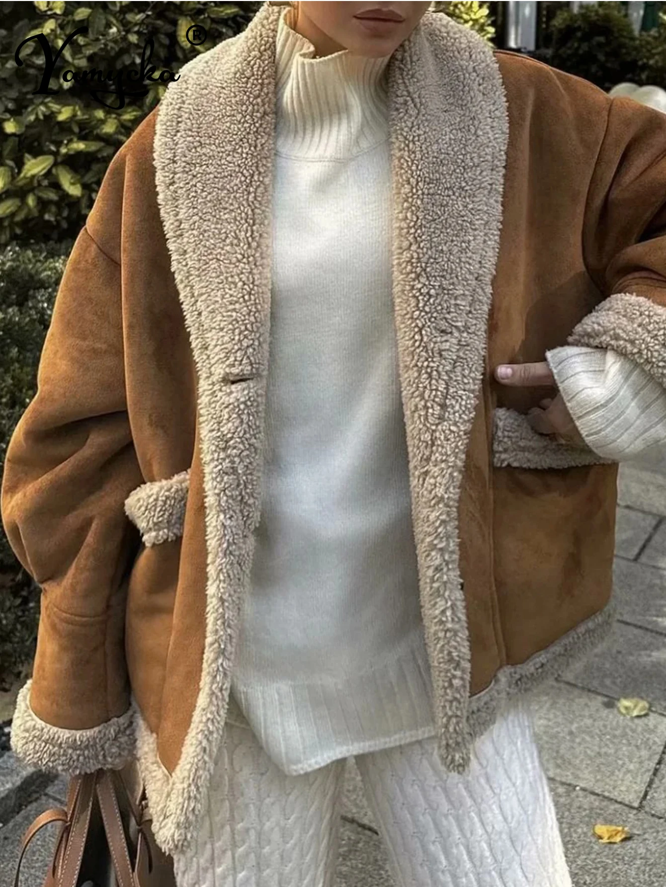 

Sexy vintage black jacket outerwears women winter thick warm faux shearling jackets woman fashion casual long sleeve tops coat