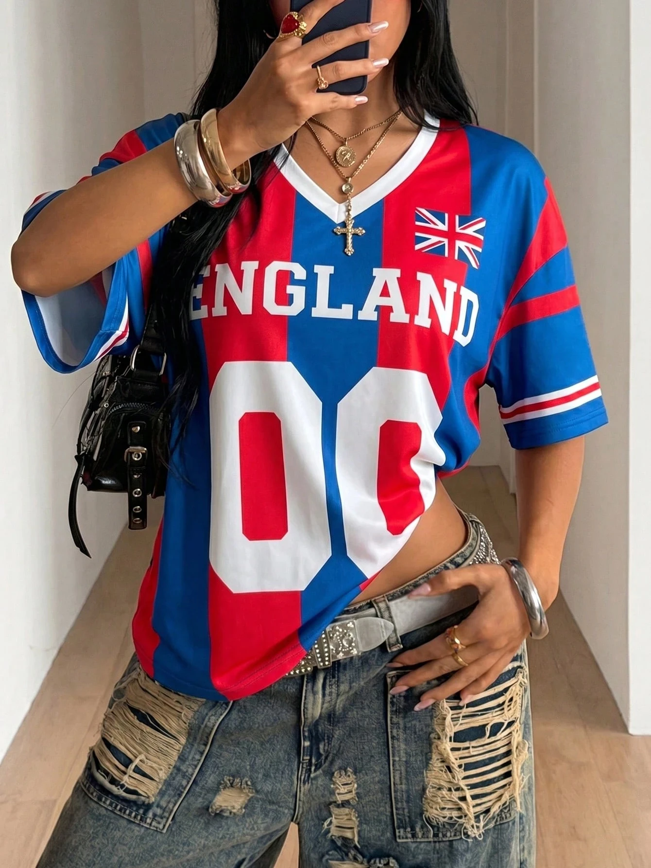 Retro ENGLAND Style 00 Print Color Block Striped T-Shirt Red Blue Vertical Stripe Loose Sporty Jersey Summer Casual Tops Tee Y2k