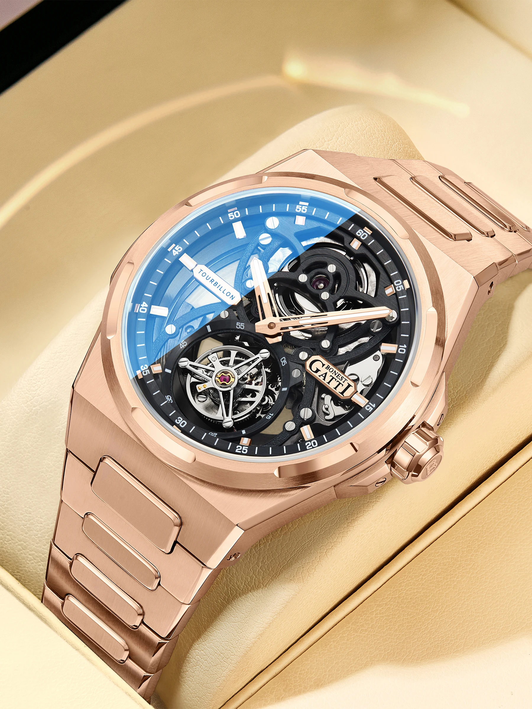 BONEST GATTI Мужские часы с турбийоном 42 мм Механические наручные часы с сапфировым стеклом Светящийся кристалл Скелет-циферблат