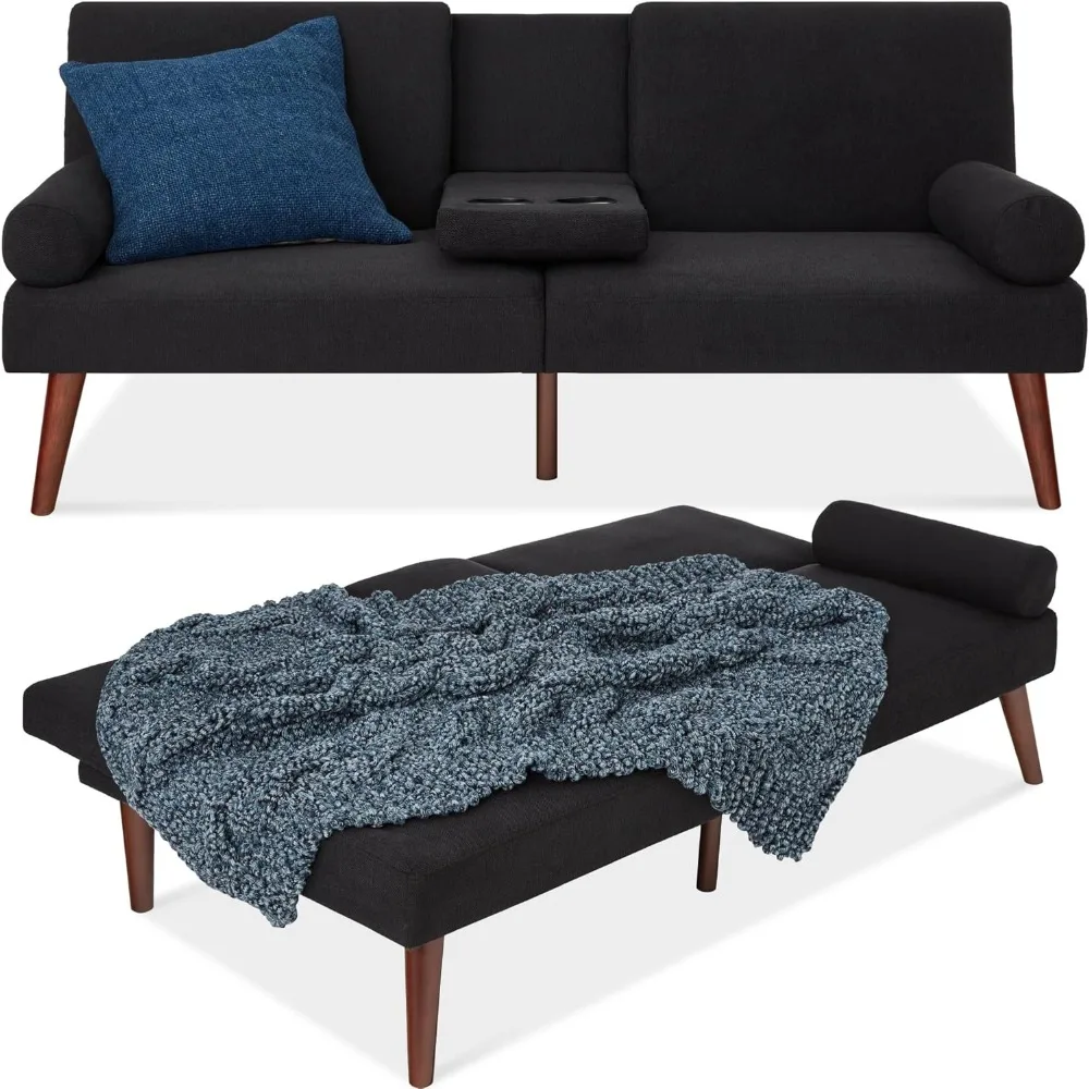 

Mid-Century Modern Upholstered Futon, Convertible Folding Sofa Bed, Small Couch w/Rounded Armrests, 2 Cupholders - Black