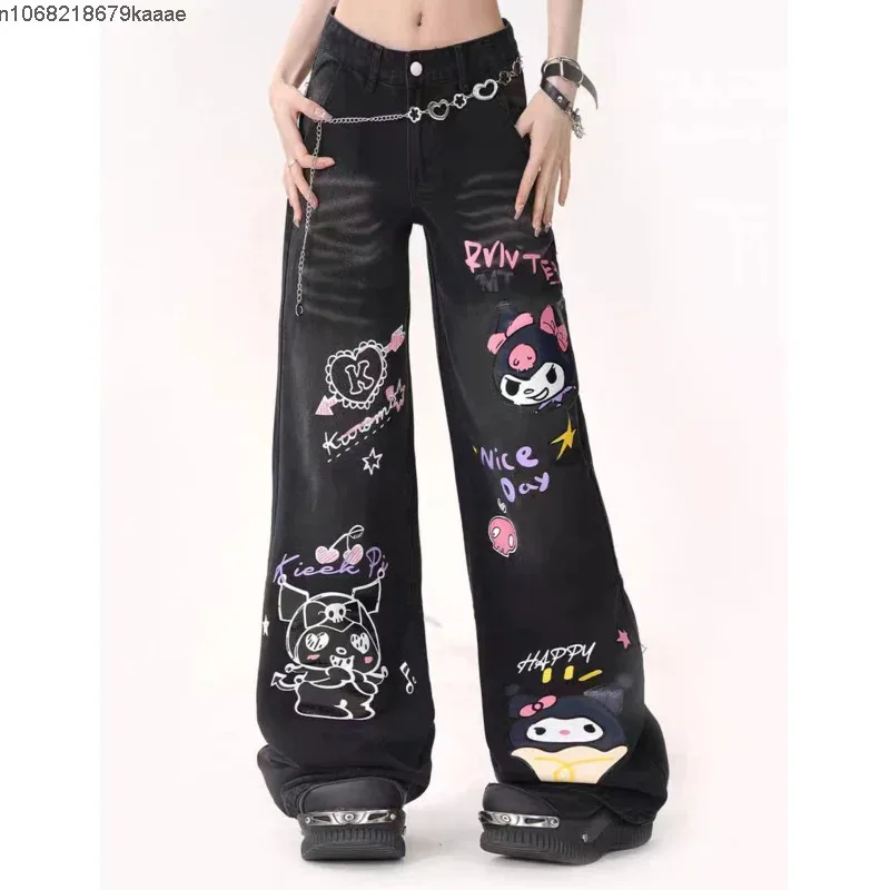 Sanrio kuromi impresso micro queimado jeans estilo coreano nicho solto calças retas y2k moda feminina cintura alta calças de perna larga