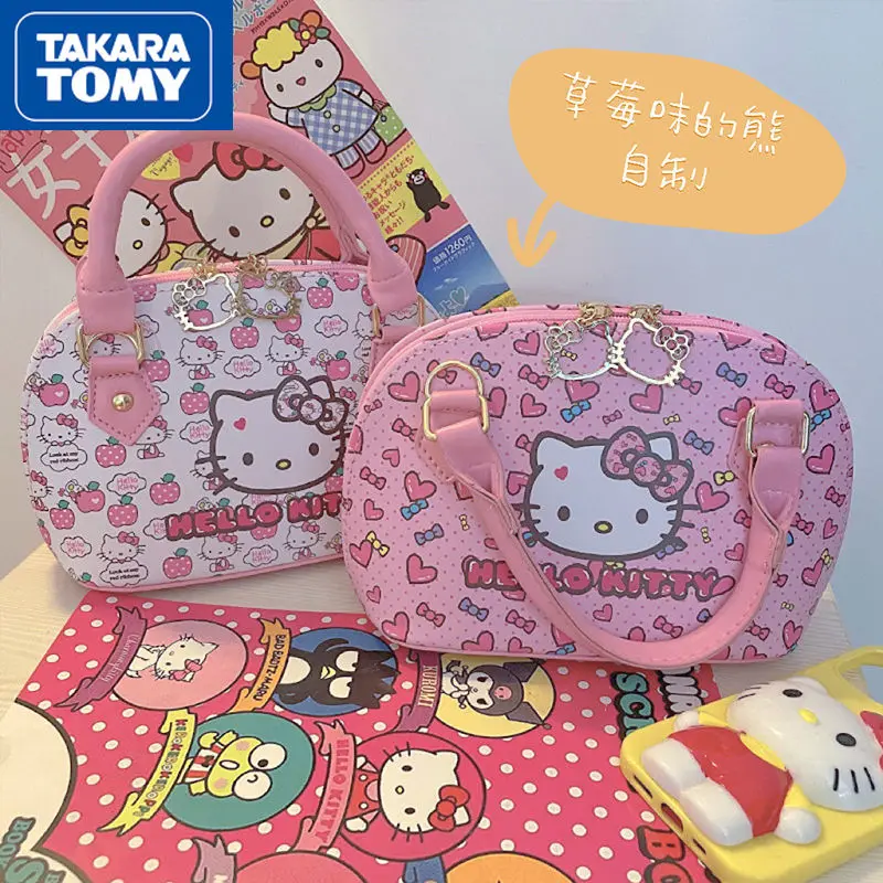 TAKARA TOMY 2022 New Hellokitty Woman Pink Cartoon Print Messenger Bag Student Cute Sweet Large Capacity Shell Handbag