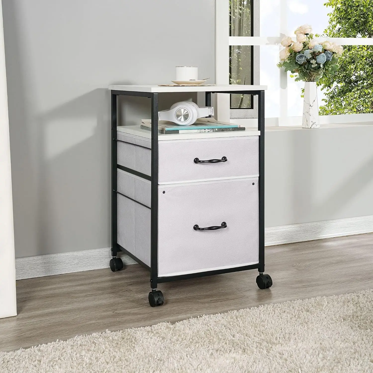 Storage Cabinet, 2 Drawers with Shelf, Metal, Whitewash, Filing Cabinet with Wheels