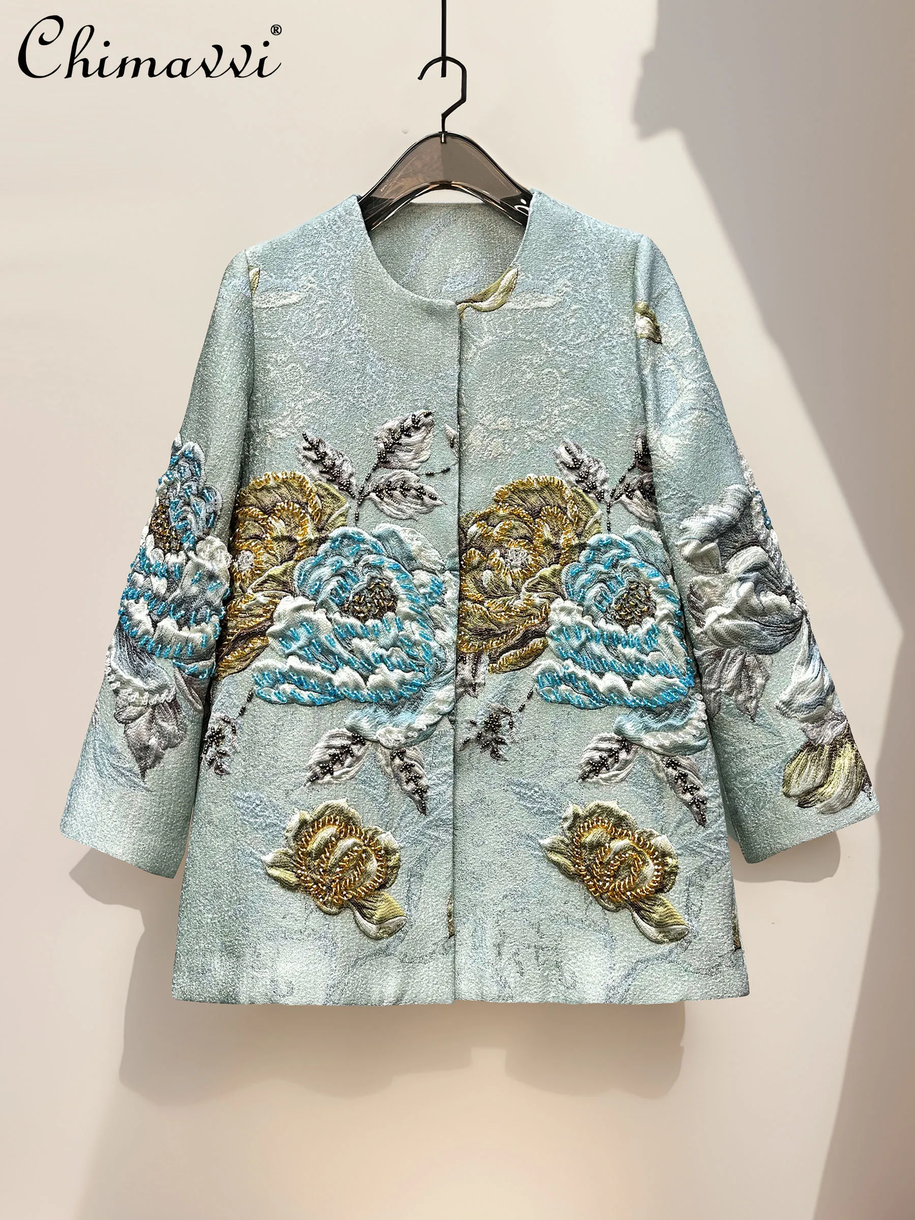 

Chinese Style Elegant Luxury Heavy Industry Outerwear Round Neck Long Sleeve Beaded Jacquard Embroidery Short Jackets Coat Women