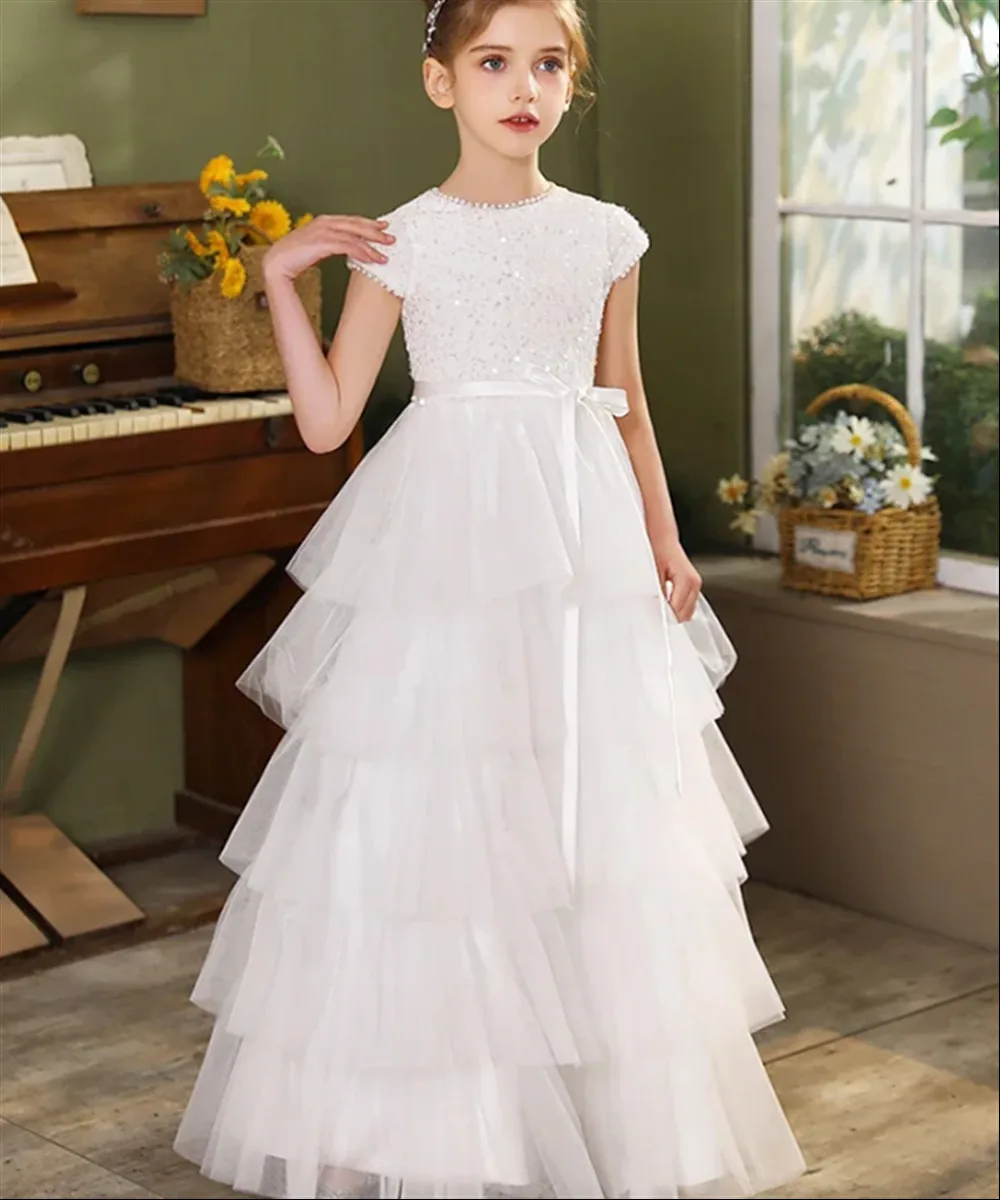 

Elegant Flower Girl Wedding Dress Beaded with Bow Belt Girls First Communion Gown Bridesmaid Birthday Pageant Dress Customized