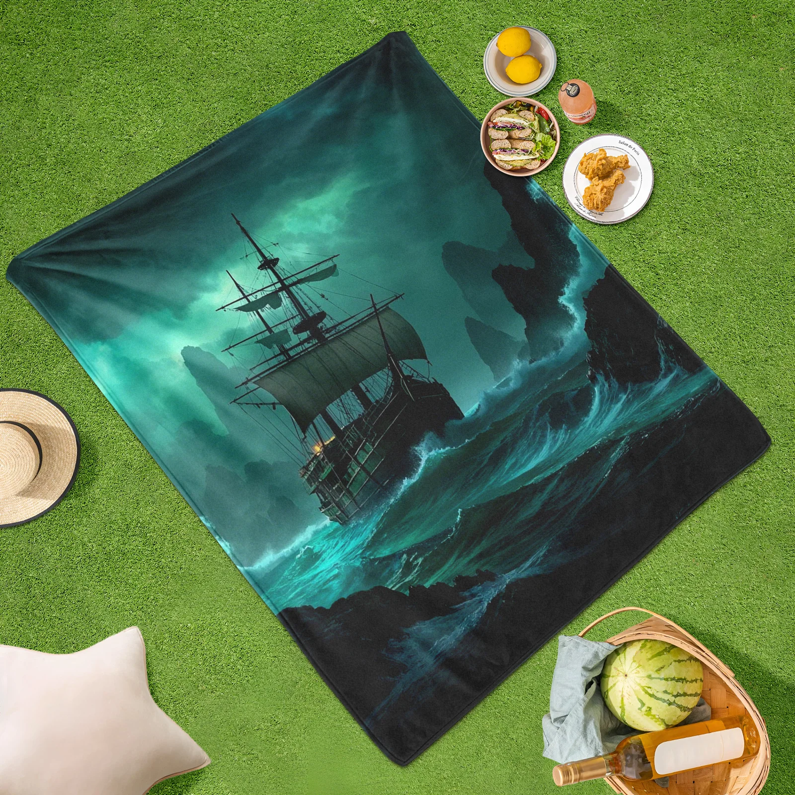 Emergent Ship By Jagged Rocks Blanket For A Lush And Enchanted Outdoor Adventure Across The Mystic Shore