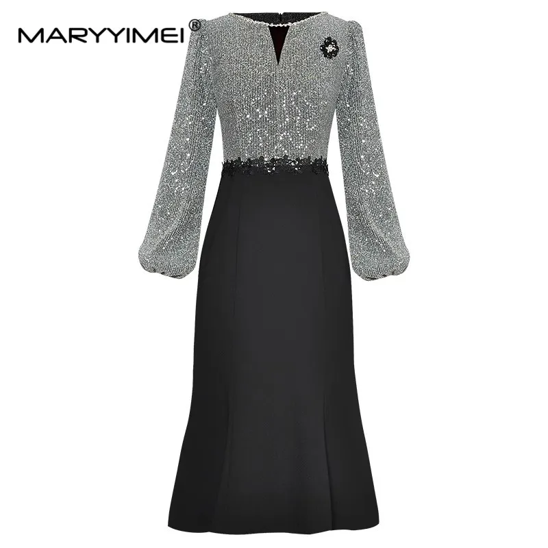 

MARYYIMEI Fashion Designer Spring Women's dress Long sleeved Crystal Beading Sequin Slim Applique Patchwork Package hip Dresses