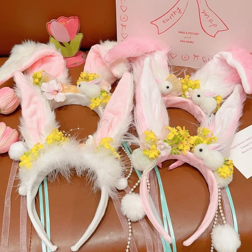 Fashion Flower Mid-Autumn Festival Headband Tassel Rabbit Hair Band Hair Accessories Headwear Rabbit Ear Hair Ornament Holiday