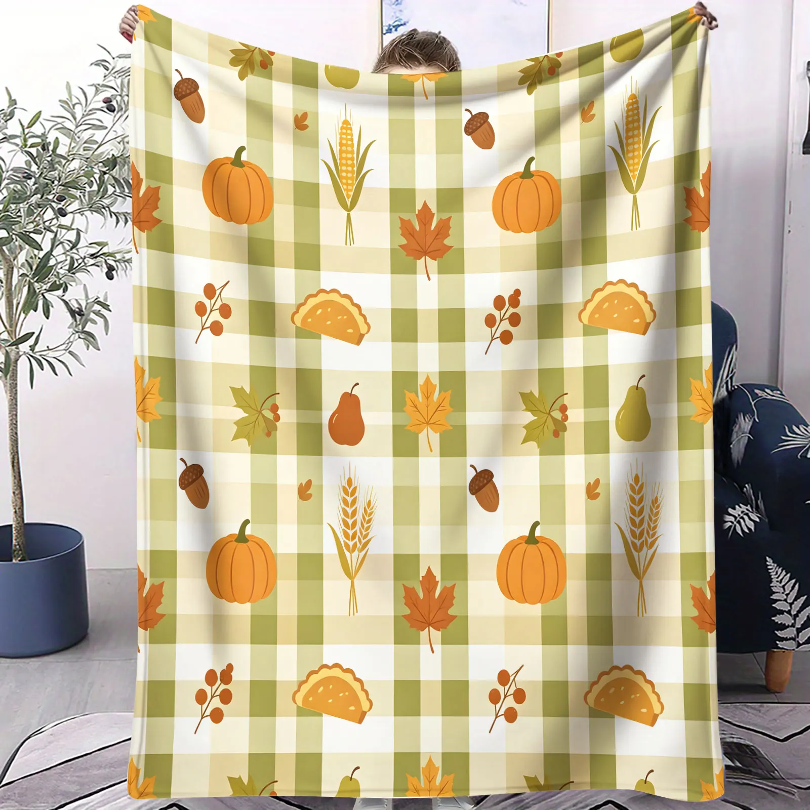 Autumn Harvest Flannel Throw Blanket Green Gingham Plaid Pumpkin Soft Microfiber Blanket Thanksgiving Home Decor for Couch Sofa