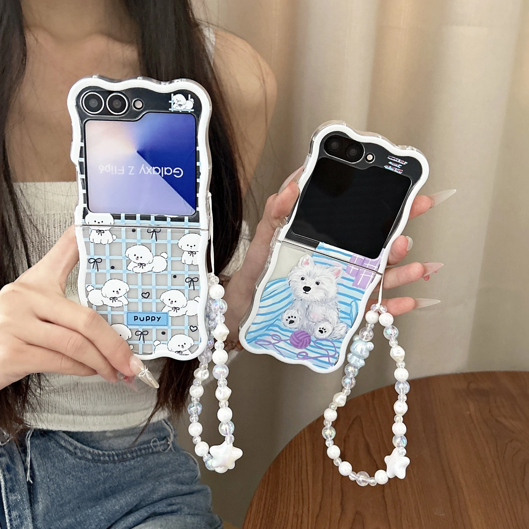 

Back Cover For Samsung Galaxy Z Flip 6 5 4 3 Case Love Bowknot Puppy Dog with Bracelet Chain Soft Tpu Shockproof Phone Case