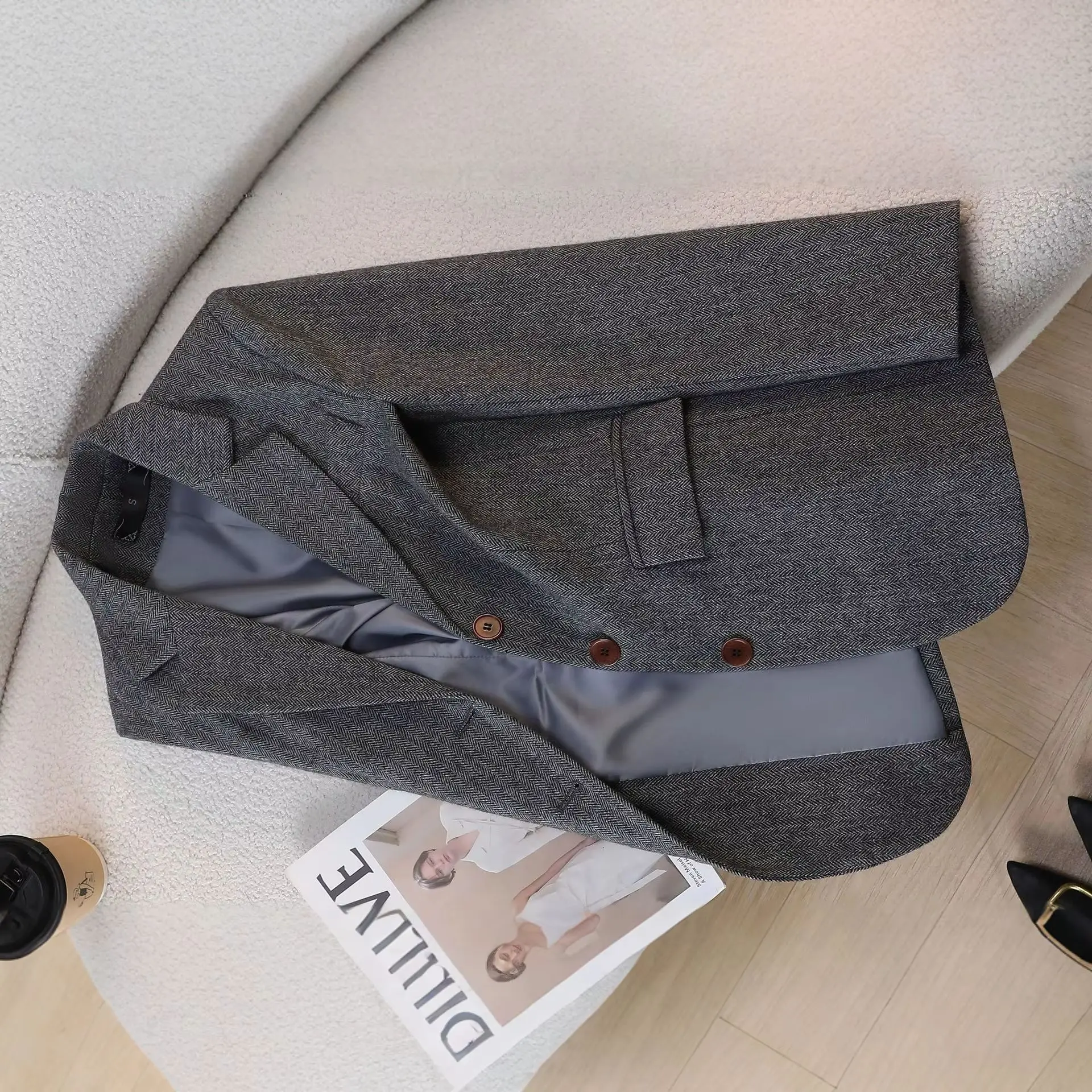 Korean Fashion Women Autumn Winter Long Sleeves Woolen Blazers Coat Vintage Elegant Single-breasted Tops New Female Outerwear