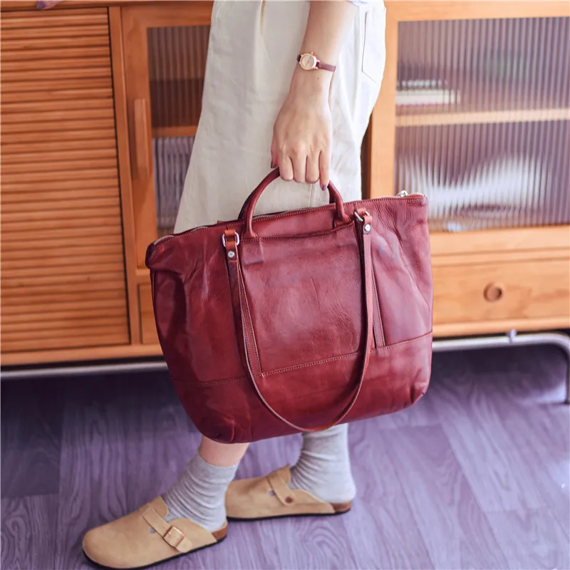 Vintage high quality genuine leather women's tote bag fashion designer luxury real cowhide handbag weekend female shoulder bag