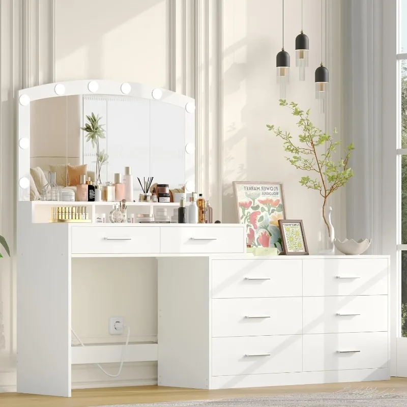 Vanity Desk with Large Mirror and 3-Color Lights, Makeup Vanity with 8 Drawers & Open Shelf, Side Cabinet with Width Adjustable