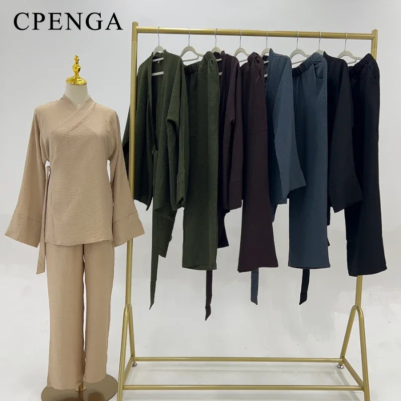 

2 Piece Dubai Muslim Women Clothing Elegant Middle East Modest Top and Pants Sets 2024 Islamic Turkish Clothes Solid Outfits