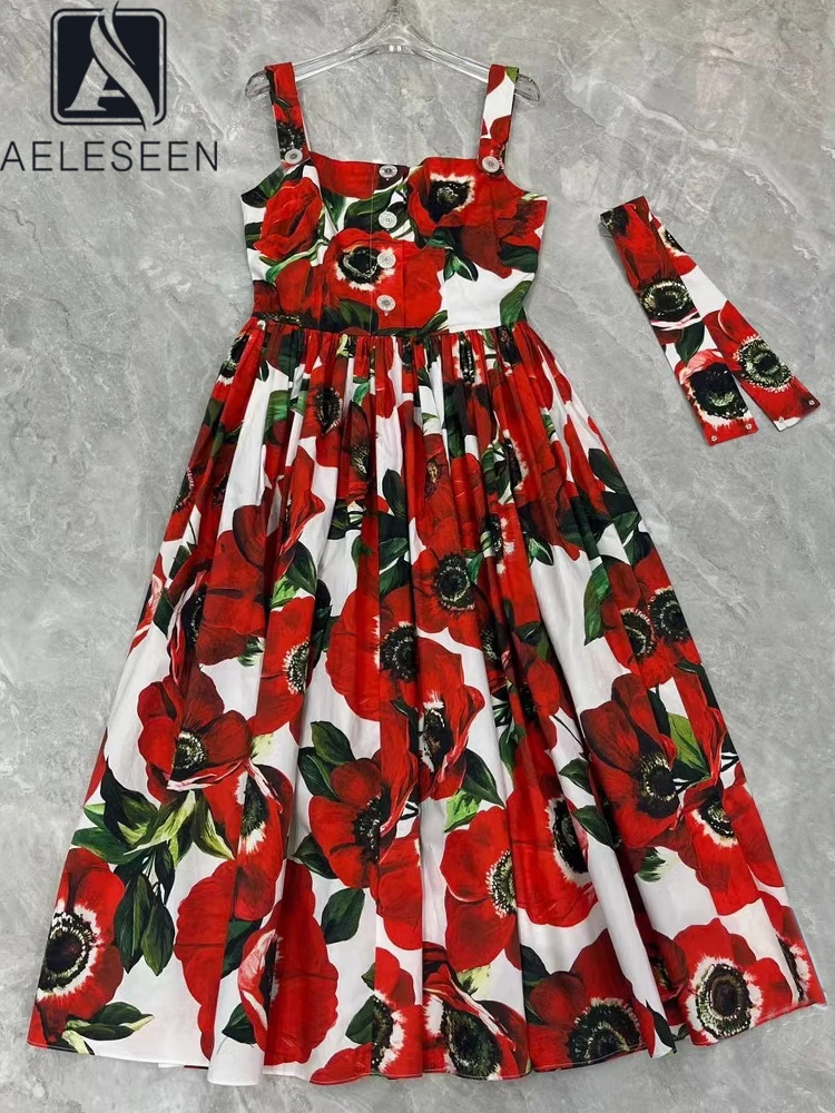 

AELESEEN Sicily Summer 100% Cotton Dress Women's Design Fashion Spaghetti Strap Red Flower Print Square Collar Elegant Long