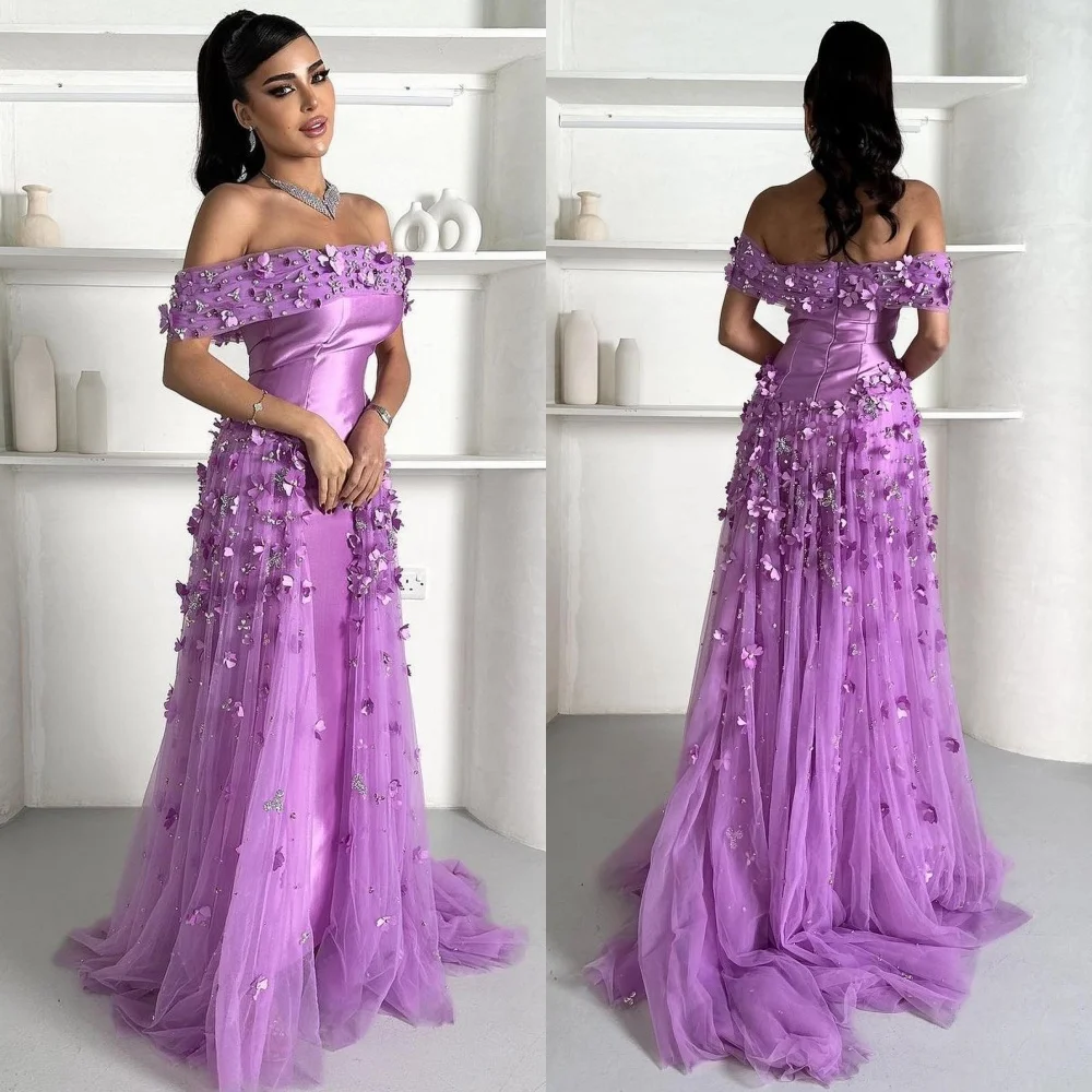 

Pastrol Tulle Pleat Flower A-line Off-the-shoulder Long Dresses Homecoming Dresses Unisex Chinese Style Formal Casual Simple