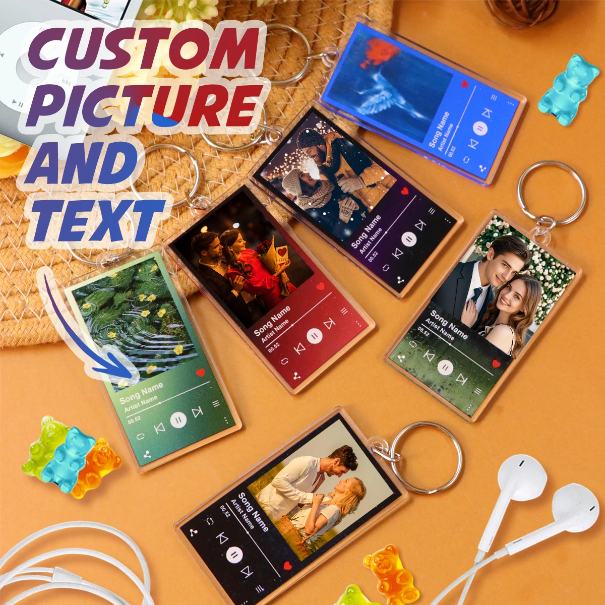 Personalized Song Plaque Keychain, Matching Keychains For Couples, Customizable Photo And Text, Acrylic Key Chain, Valentine's