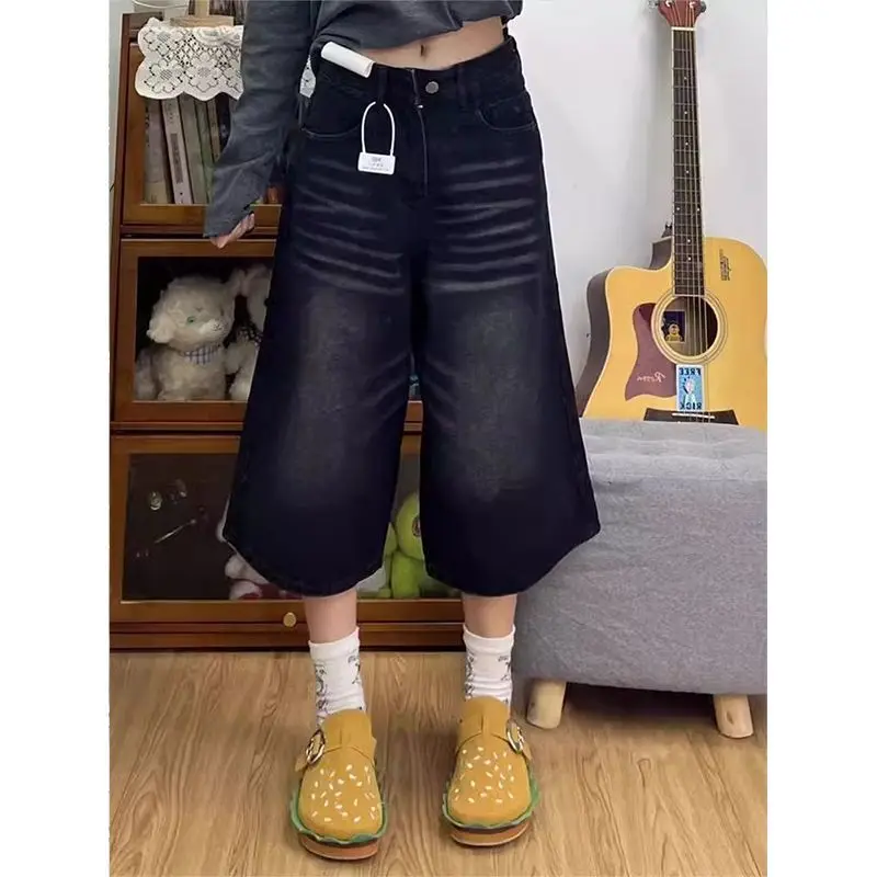 

Американский стиль, высокая талия, рваный дизайн, широкие семидюймовые джинсы, женские летние новые свободные брюки больших размеров средней длины