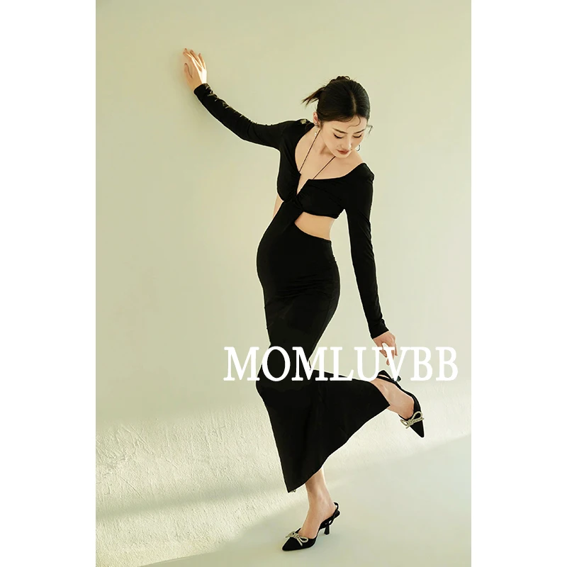 Hollow Pregnant Photography Props Dress Baby Shower Slim Halterneck Style Black Female Sexy Maternity Dresses for Photo Shoot