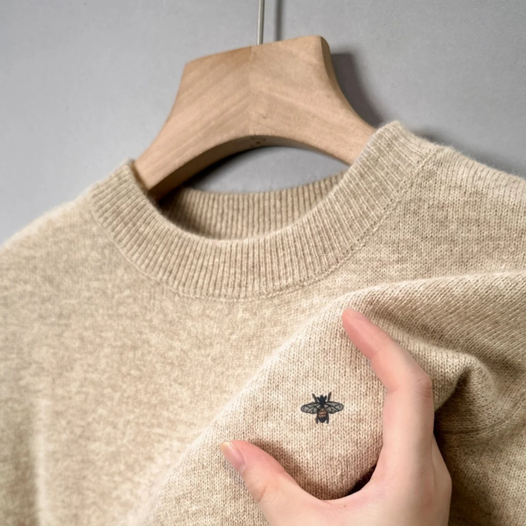 

O-Neck Bee Embroidered Knit Men's Pullover Hot Sale Luxury Wool Sweater Winter European Warm Thicken Base Coat Casual Menswear